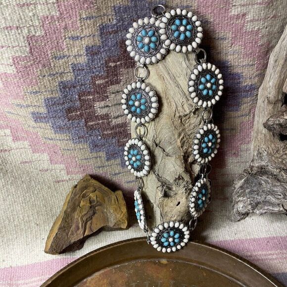 Concho Southwest Silver Unisex Chain belt adjustable 51” Turquoise WHITE Western main image 8